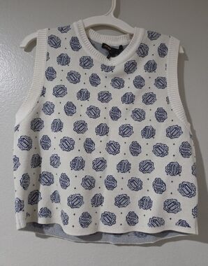Maje White Knit Tank Top with Navy Medallion Print